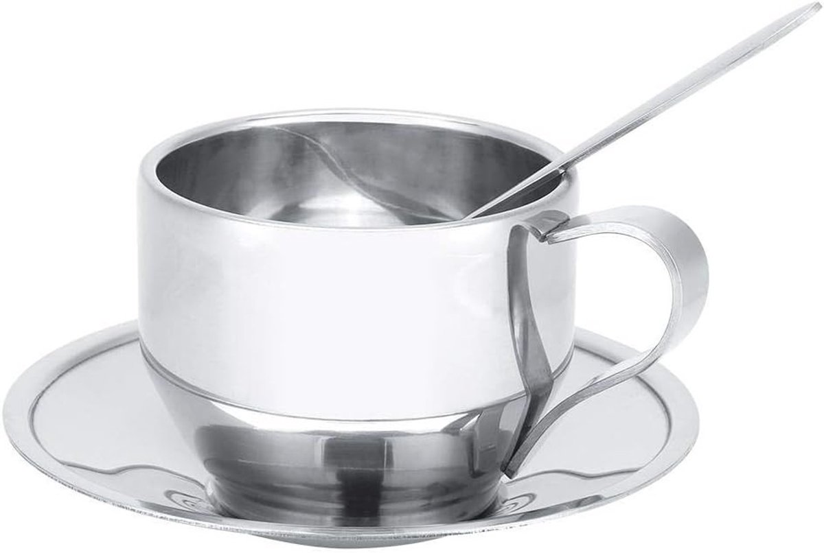 Dubbelwandige RVS Koffiemokken Set van 120ml met Suiker en Lepel - Perfect voor Cappuccino, Latte en Melk op Valentijnsdag