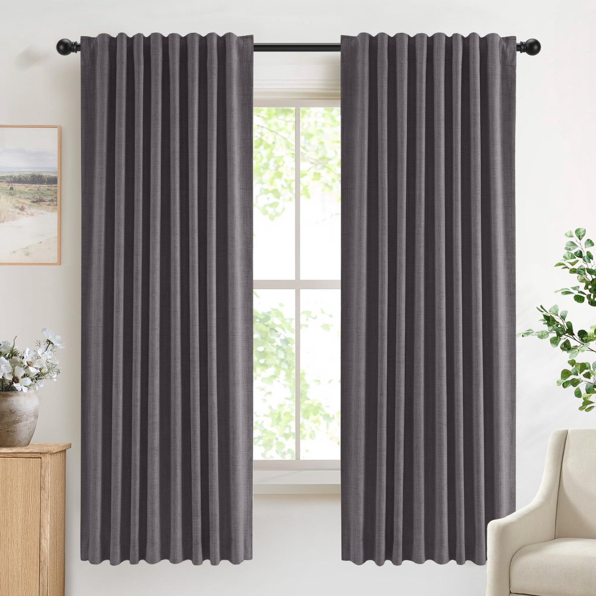 100% verduisterende gordijnen, set van 2, 175 x 140 cm (h x b), ondoorzichtige gordijnen met verborgen lussen, polyester gordijn in linnenlook, thermogordijn voor slaapkamer en woonkamer