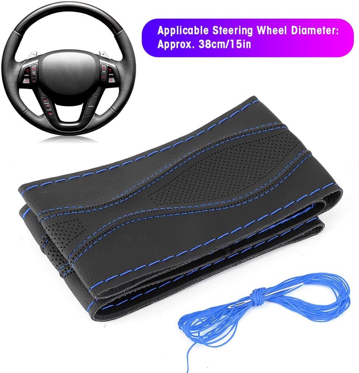 Stuurhoes, 38 cm/15 inch stuurhoes-set van leer met handgenaaid reliëf, inclusief naald en draad, universeel auto-accessoire (blauw zwart)