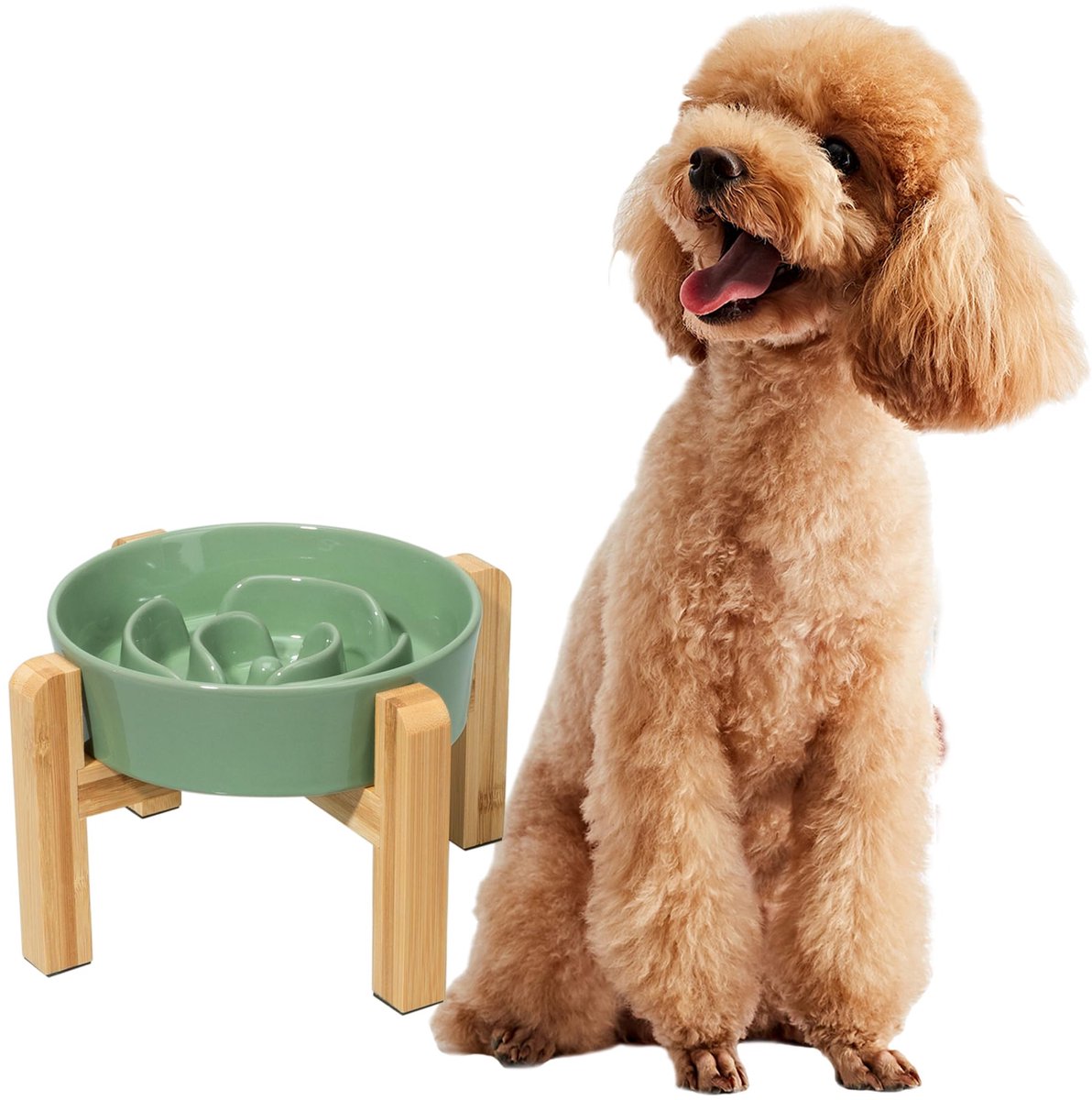 Verhoogde anti-schrok hondenvoerbak, keramische voerbak met antislipstandaard, puzzeldoolhofontwerp voor snelle eters, zware kom voor kleine en middelgrote honden, groen, 17 cm