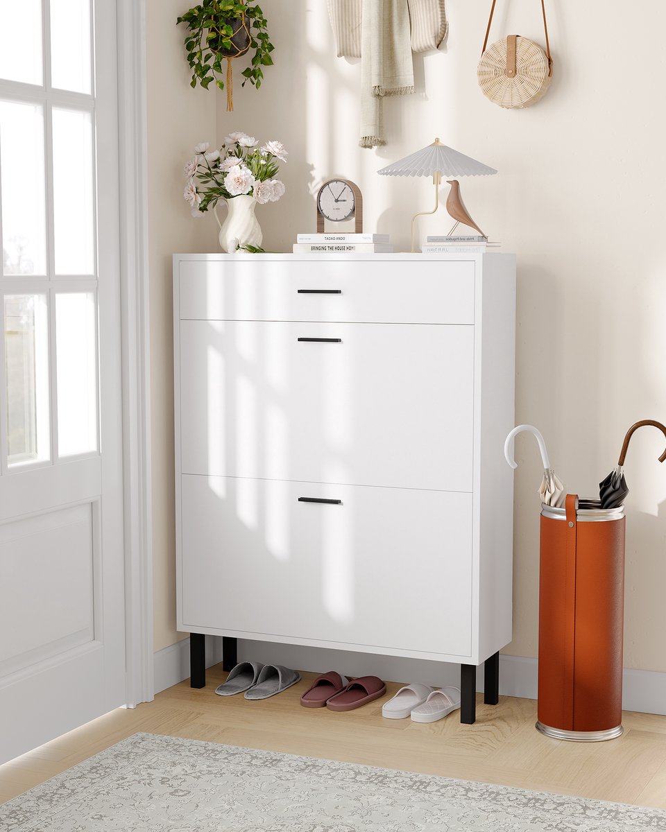 Schoenenkast Smal 3 Lagen - 80x25x110cm - Schoenenrek - Schoenenmeubel Hal - 2 Kleppen en 1 Lade - Metalen Poten - Minimalistisch - Voor Hal En Woonkamer - Wit
