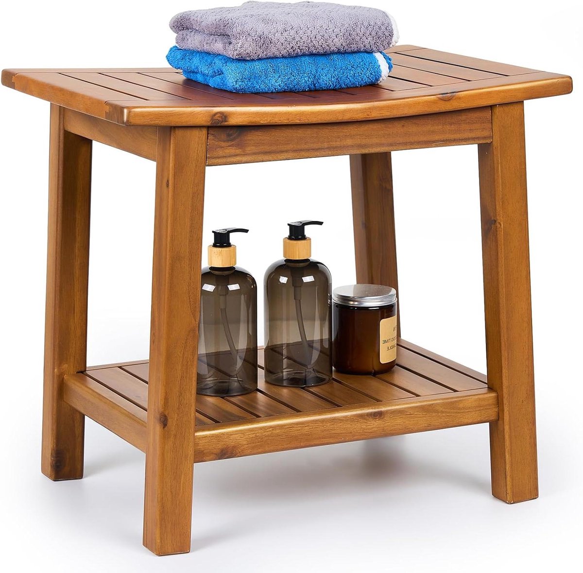 Douchebank Teak - Houten Kruk - Badkamer Comfort - Met Opbergplank - 50 cm Breed - Bruin