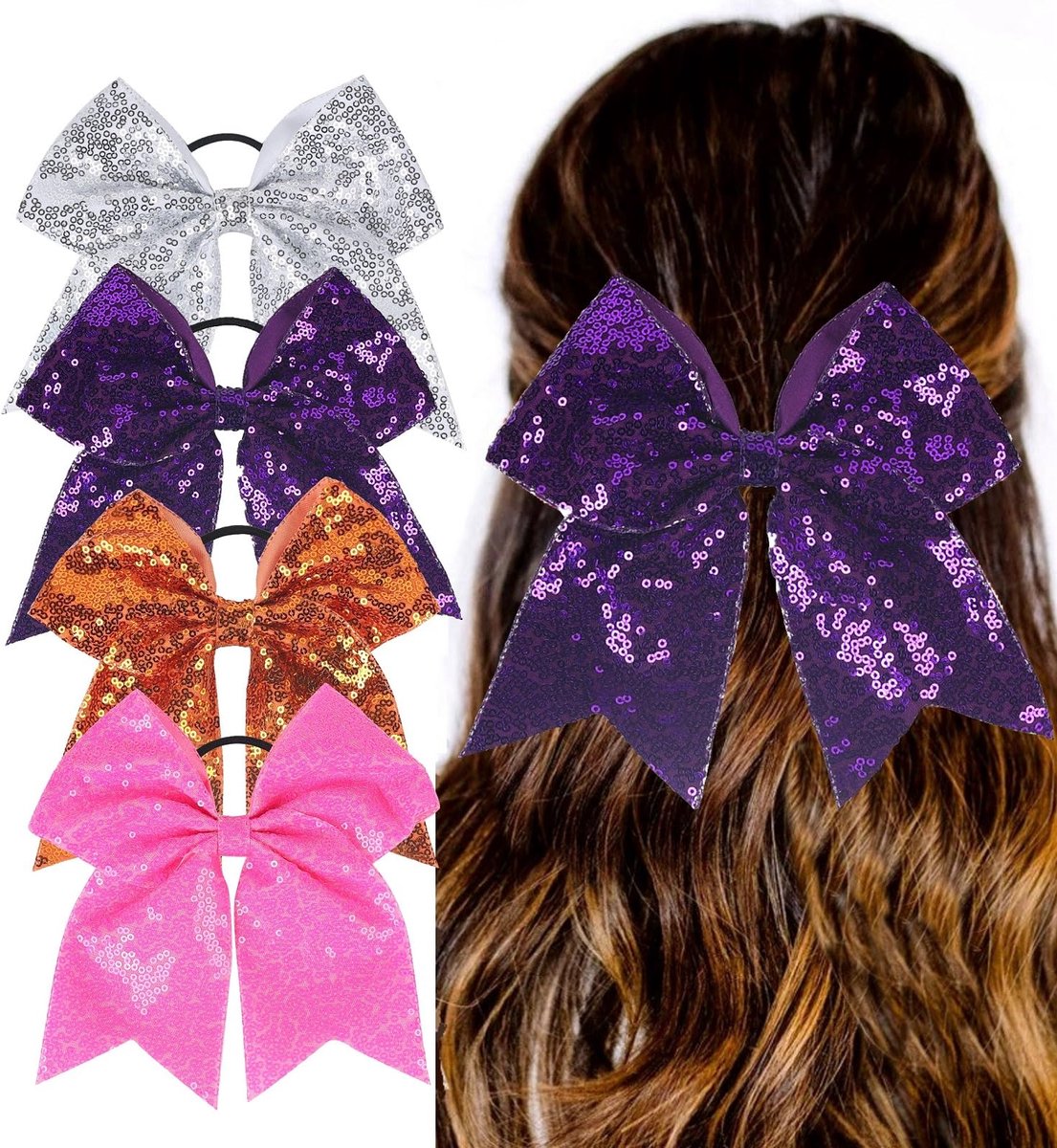 4 PACK 8 inch Meisjes Grote Pailletten Cheer Bows Tieners Elastische Paardenstaart Houder Haarstrikken Vrouwen Haarband (Paars Pack)