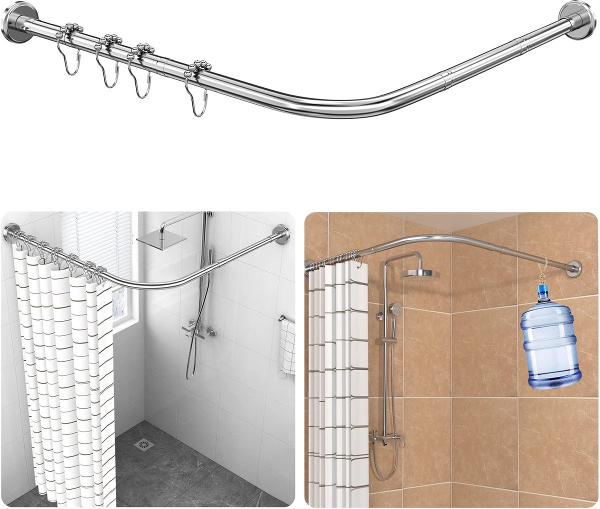 Douchegordijnstangen L-Vorm, Boorinstallatie, Incl. 18 Ringen, 70-100 × 70-100 cm, Telescopische 304 Roestvrij Staal Badkamer Badkuip Hoek Douchegordijnrailrek, Zonder Plafondbeugel - Zilver