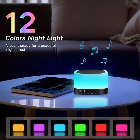 Geluidsmachine Witte Ruis - Slaaptherapie Apparaat - Ontspannen Slapen - 25 Rustgevende Geluiden - 12 Kleuren Licht - Zwart — afbeelding 5
