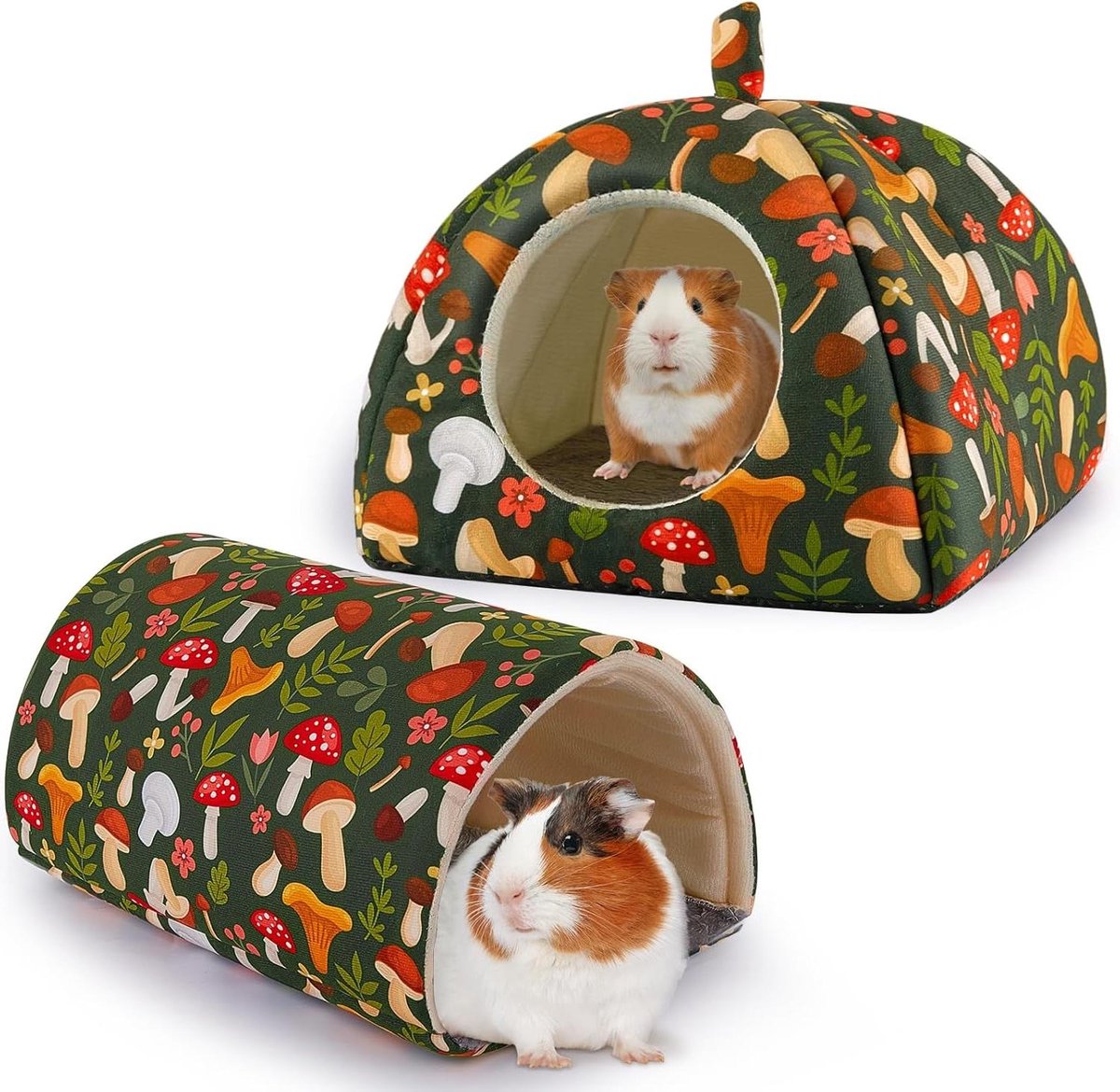Cavia Huis Tunnel - Knuffelbed Speelgoed - Kleine Dieren - Wasbaar Antislip - 24x24x20 cm - Groen Paddenstoel