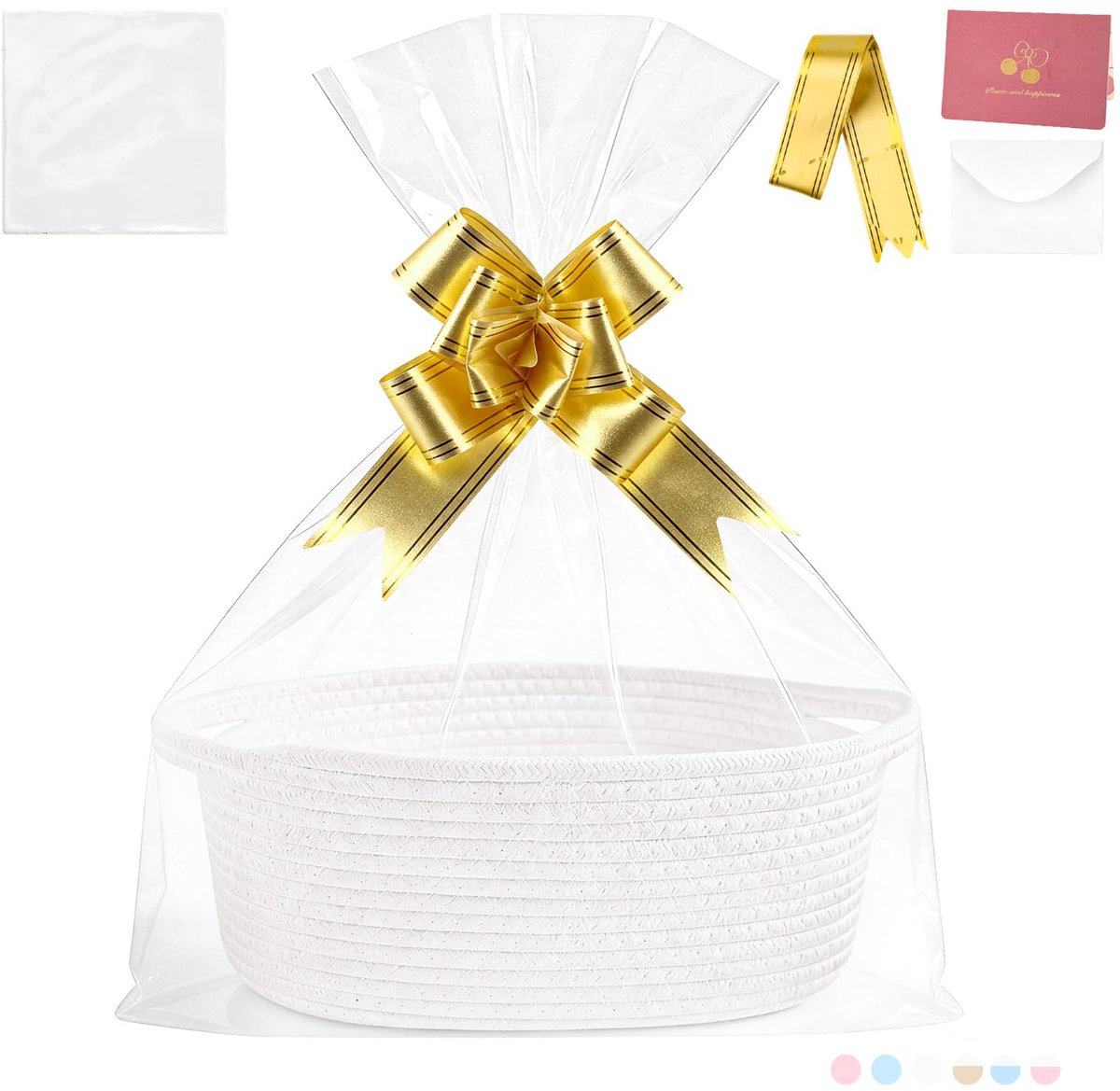 Opbergmand, decoratieve mand, gevlochten mand met cadeauzakjes en linten, geschenkmand, lege opbergmand voor Kerstmis, bruiloft