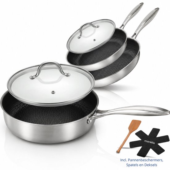 Morelia® 3 Delige Keramische Pannenset - PFAS Vrije Hapjespan & Koekenpannen Set Inductie en Gas - Keramische Anti aanbaklaag - Oven en Vaatwasserbestendig