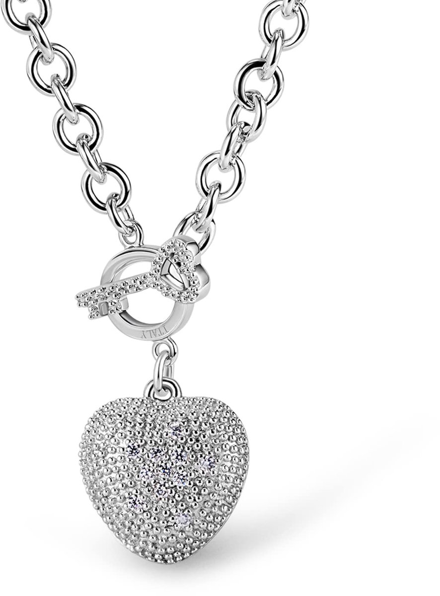 Halsketting met ornament, groot hart, uitgehold, 2 cm en glanzende sleutel van 925 zilver, schakelketting met sleutelhanger, cadeau voor sieraden, feest, elegant voor dames