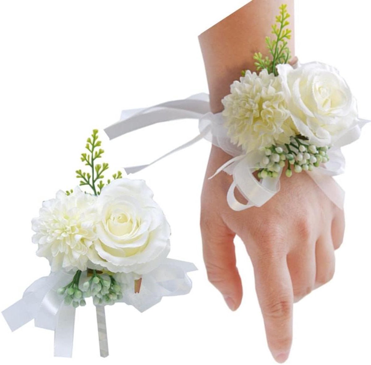 Pols Corsage Set - Bruiloft Decoratie - Feestelijke Aankleding - Handgemaakt Vintage Design - 8 x 14 cm - Wit