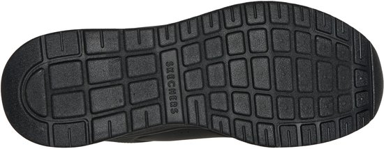 Zwarte schoenzool met een rasterpatroon en het Skechers-logo.