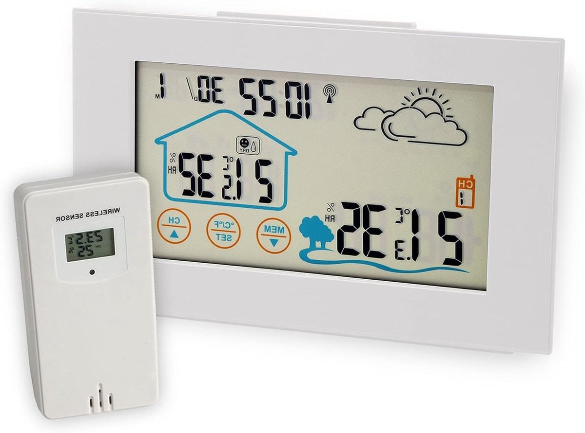 Digitaal Weerstation - Binnen Buiten - Weer Checken - Draadloze Buitensensor - 15 x 9 x 4 cm - Wit