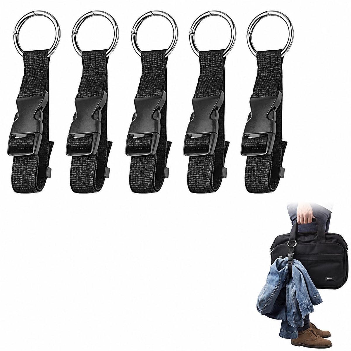 5 stuks bagageriem jashouder tas clip nylon verstelbare bagageband jas grijper handtas bevestiging kofferriem reisaccessoires handen vrij zwart