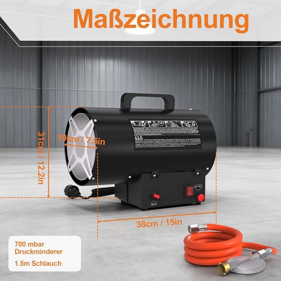 Gasverwarming - Warmtekanon Bouwverwarming - Ruimte Verwarmen - Dubbel Brandstof Compatibel - 10 kW - Zwart — afbeelding 3