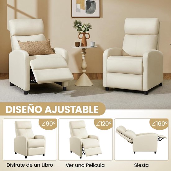 Relaxstoel Kunstleer - Leunstoel Fauteuil - Ontspannen Thuis - Verstelbare Voetensteun - 615 x 87 x 99 cm - Beige — afbeelding 2