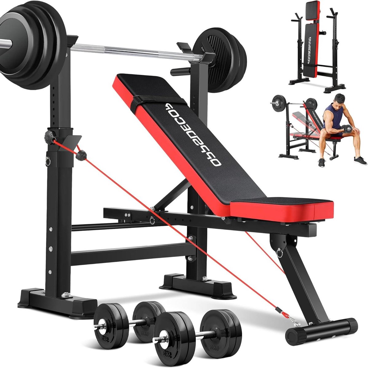 Halterbank Set - Trainingsbank Verstelbaar - Thuis Fitness - Opvouwbaar Ruimtebesparend - 600 LBS Capaciteit - Rood