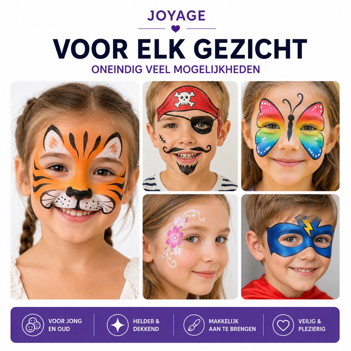Joyage Schmink kinderen & volwassenen - Op waterbasis - Sjablonen en penselen - Schminkset Elf Make up Kinderen - Face paint palette - Grime Halloween Schmink palet wit - Kinderschmink voor grimas - Gezichtsverf grimeren - Smink sinterklaas cadeau — cadeau in Hobby - foto 5