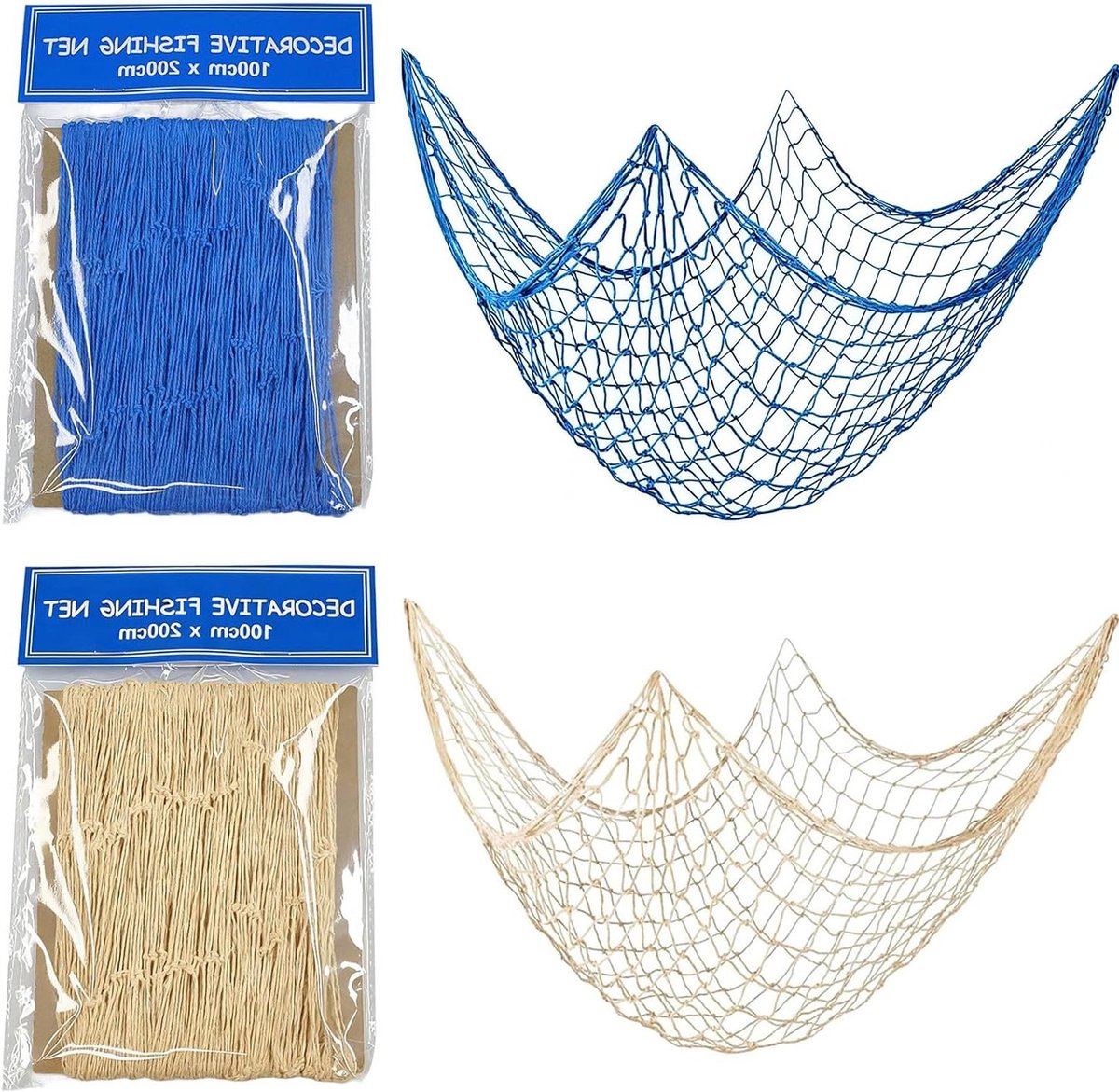 Vissersnet Decoratie - Maritieme Netten - Feestelijke Sfeer - Handgeweven Katoen - 200x100 cm - Wit Blauw