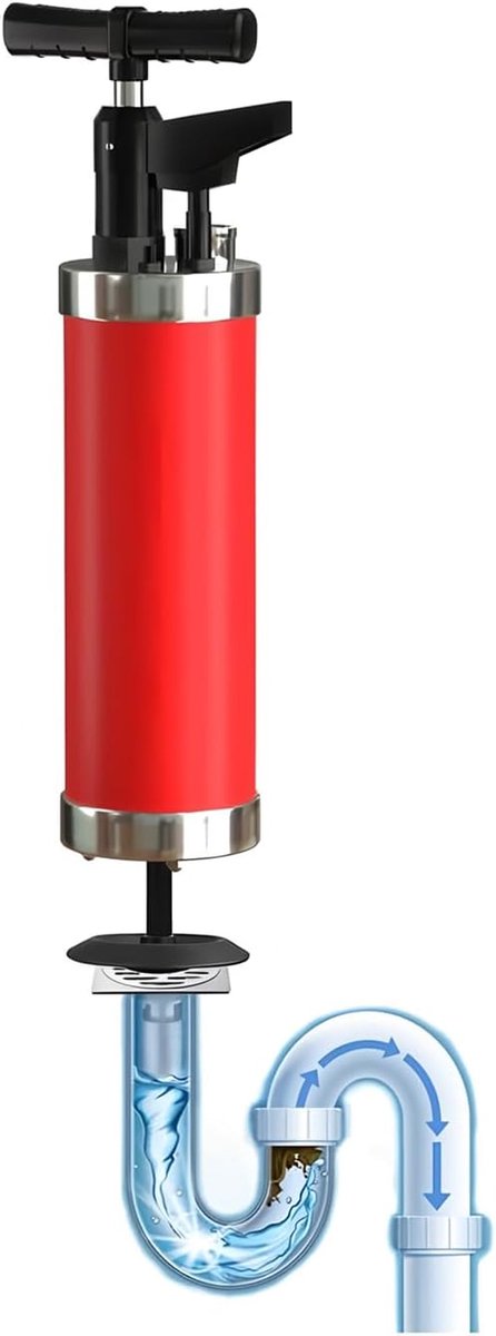 Hoge Druk Luchtpomp - Afvoer Ontstopper - Verstopping Verhelpen - Visuele Drukmeter - 4 Zuigkoppen - Rood/Zilvergrijs