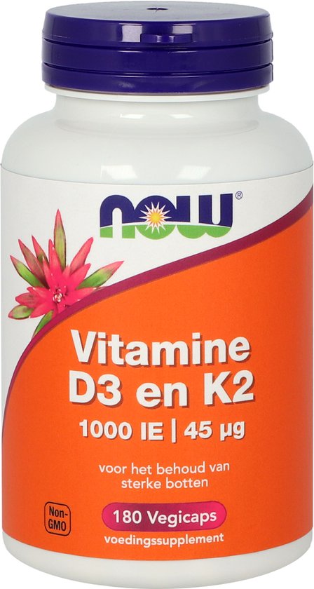Fles met "NOW Vitamine D3 en K2 1000 IE | 45 μg" voor het behoud van sterke botten, 180 Vegicaps voedingssupplement.