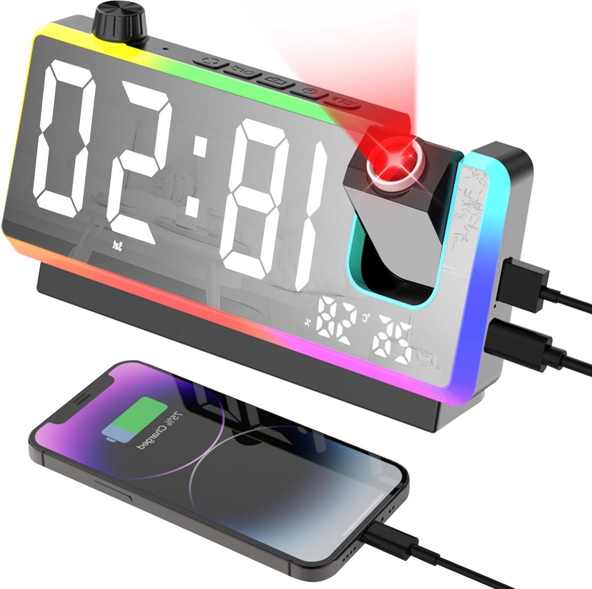 Digitale Wekker - Nachtlamp Projector - Tijd Projecteren - Dubbele USB Poort - 7 Inch Display - Zwart