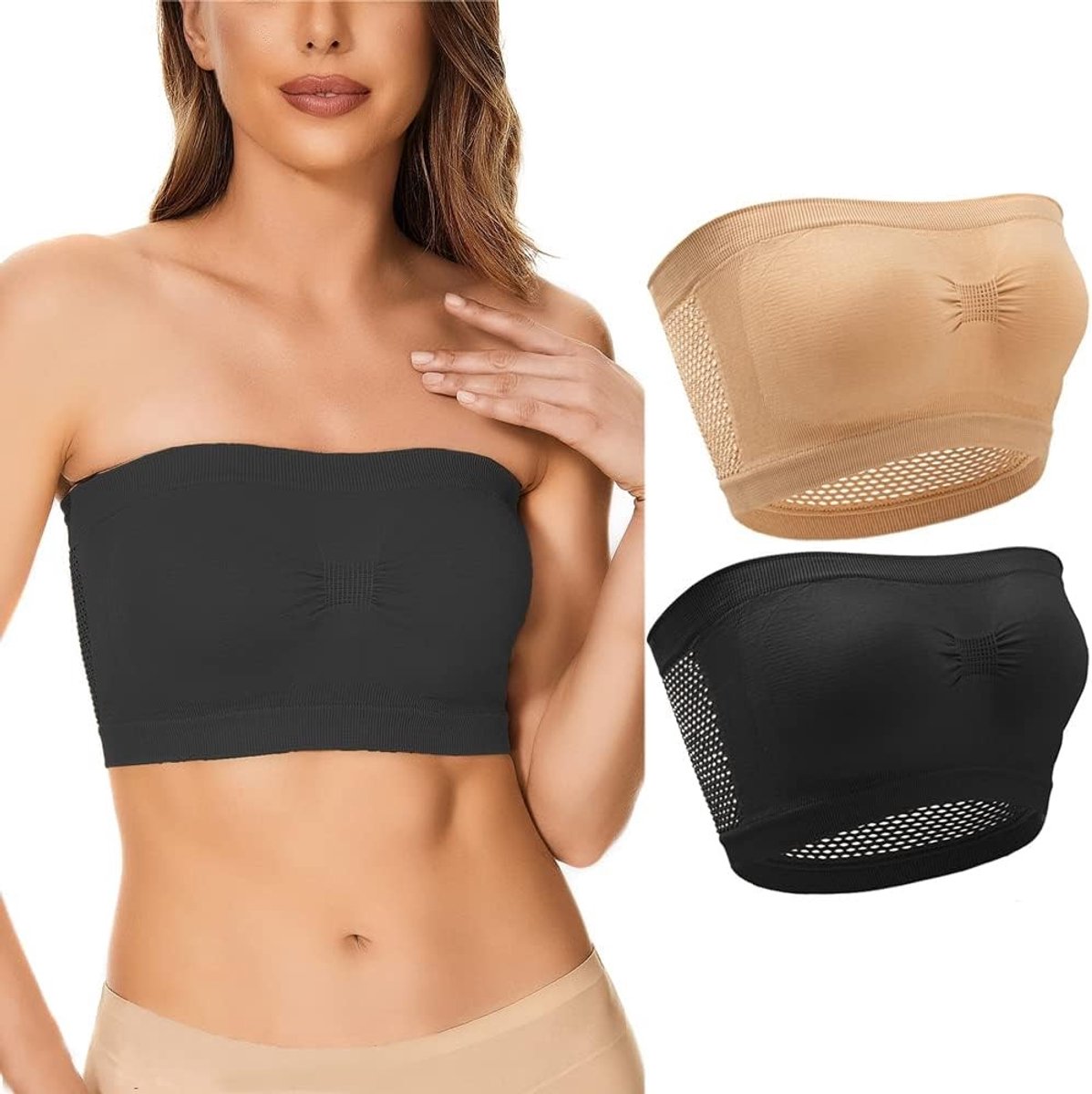 Bandeau Bh voor Dames, Strapless en Ademend, Niet Gevoerd, Mesh Tube Top Bh in Zwart en Nude (M-2XL)