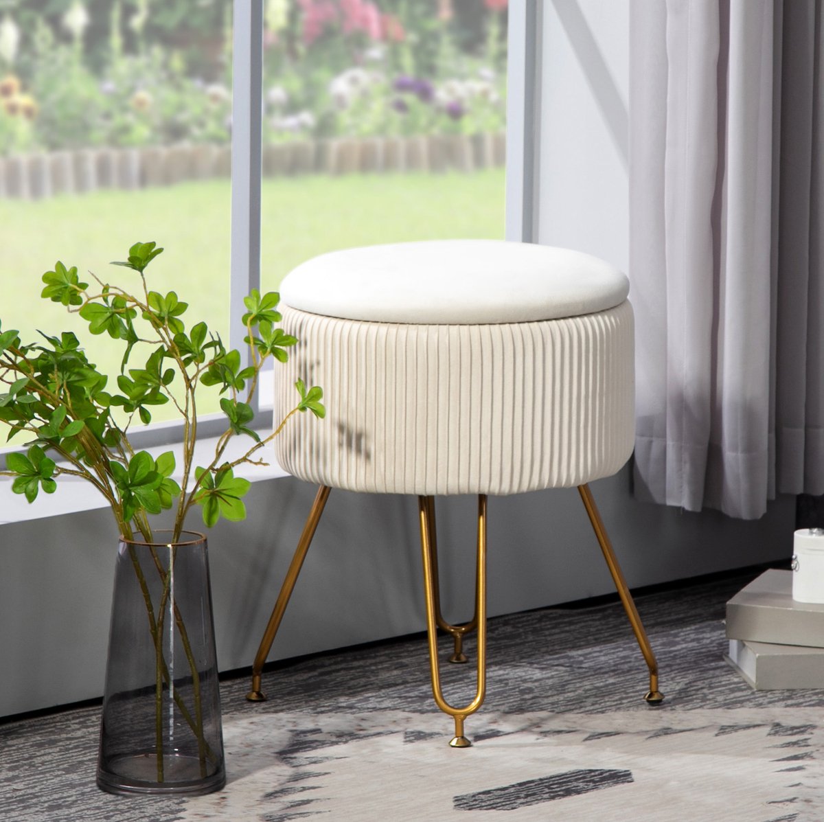 MEUNIQ opbergpoef rond 40 cm met verborgen opbergruimte, zachte polyester bekleding, metalen poten en draagvermogen 110 kg voor woonkamer, slaapkamer of hal in crèmewit
