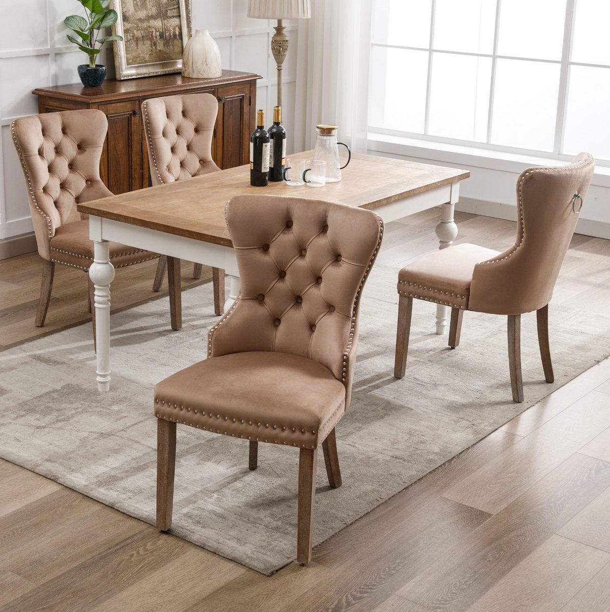 DESMIU Eetkamerstoel 53,5 Cm - Set Van 4 Met Velvet Bekleding, Nagelkopbeslag En Verstelbare Stoelpoten - Eetkamer - Hout Licht Koffie