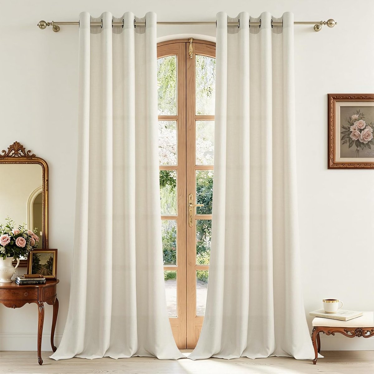 Linnen gordijnen, linnenlook, half-transparant, gordijnen met ogen, vintage set van 2, H 260 x B 140 cm, linnen, gordijn, beige, voor woonkamer, slaapkamer, balkondeur,