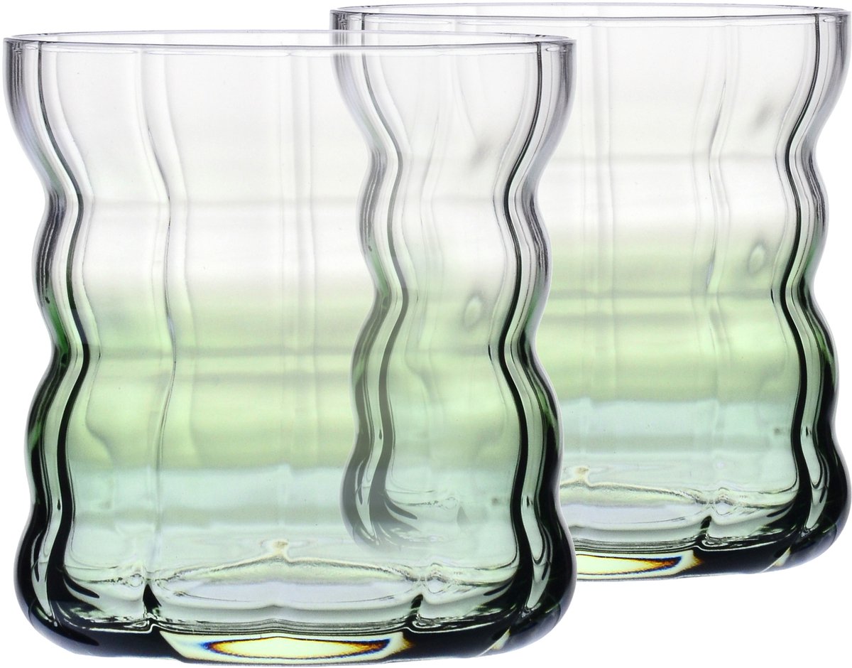KROSNO Matcha Latte en Theeglazen Set van 2 Stuks - 310 ml | Matcha Moments Collectie | Groen Kleurverloop, Golvende Structuur en Loodvrij Kristalglas | Voor Warme en Koude Dranken | Vaatwasserbestendig