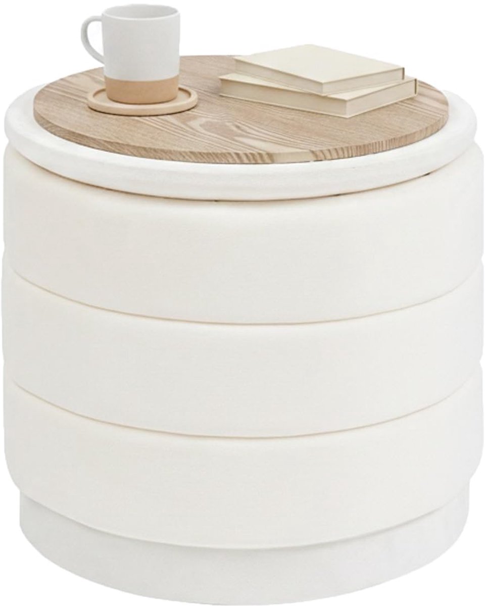 Ronde poef met deksel 39 x 39 cm - wit fluweel - inklapbare voetensteun - veelzijdig gebruik in woonkamer - SnelShoppen