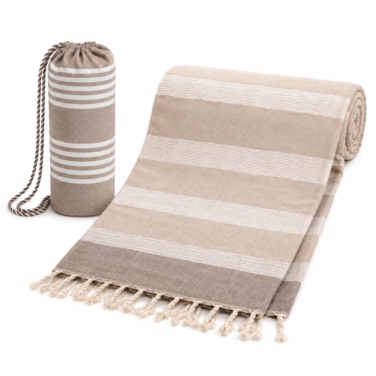 strandhanddoek met tas - Pareo Fouta strepen en franjes
