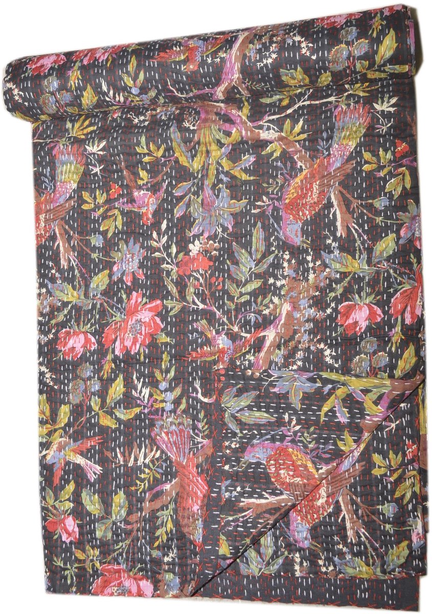 Aziatische textiel etnische vogel afdrukken Kantha quilt koningin indiase katoen sprei Boho gooien deken