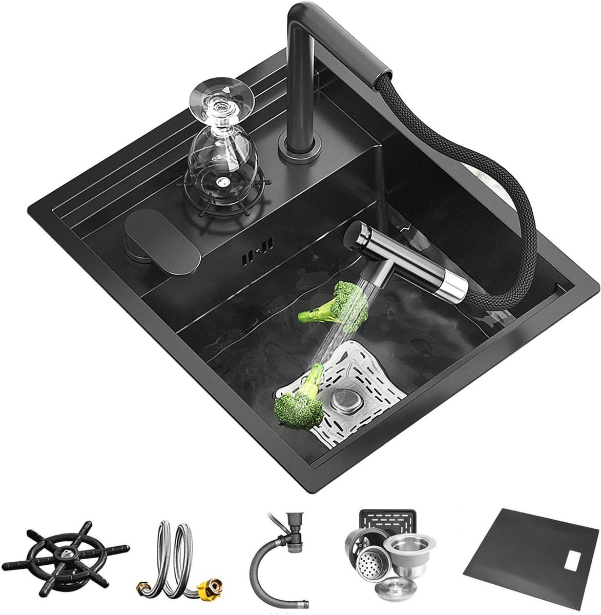 Keuken spoelbak - Wastafel onderbouw - Keukenwerkblad - Onzichtbaar deksel - 45 x 38 cm - Mat zwart
