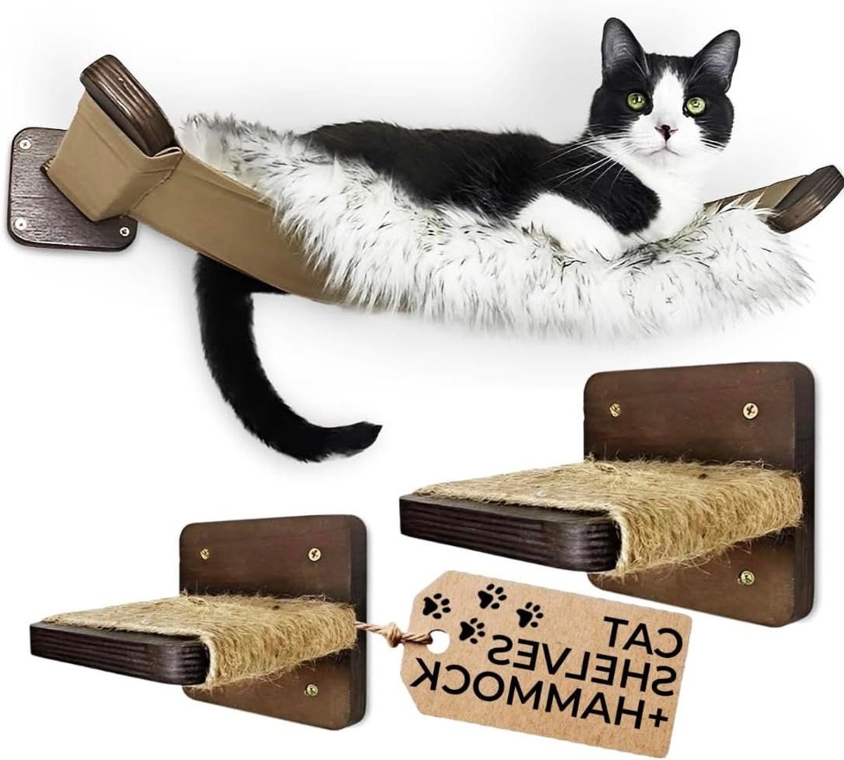 Kattenhangmat Wandmontage - Kattenmeubel Klimplank - Ontspannen Spelen - Geïntegreerde Krabfunctie - Large - Bruin