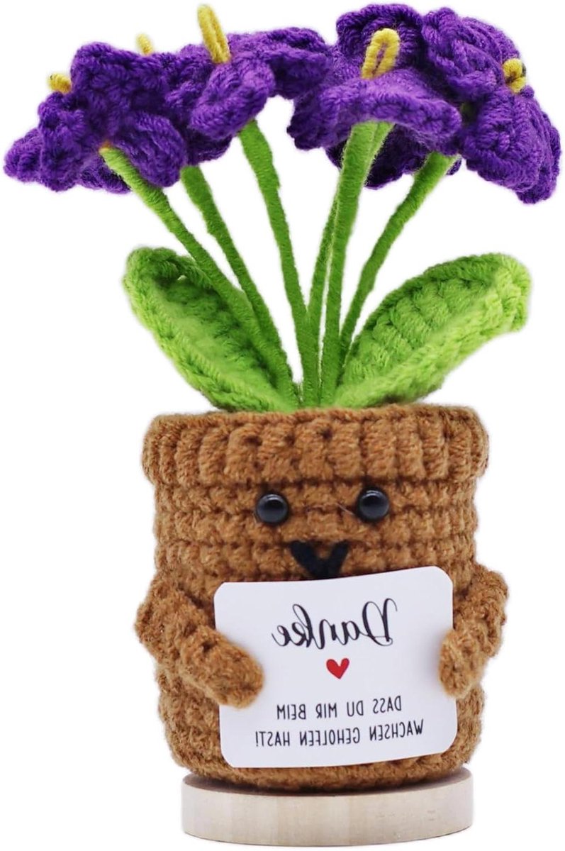 Gehaakte Bloem - Positieve Aardappel - Cadeau Geven - Met Inspirerende Kaart - 6 x 6 x 17 cm - Paars