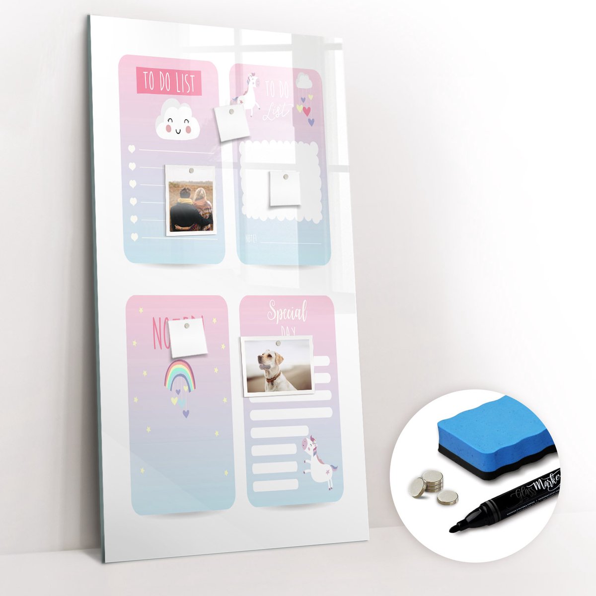 Tulup Whitebord - Eenhoorn planner - 60 x 120 cm - Veelkleurig Memobord Glas - Gratis 5 Sterke Magneten + Whiteboard Marker & Wisser - Decoratief Magnetisch Bord - Magneetbord Rechthoekig - Productiviteit Tools