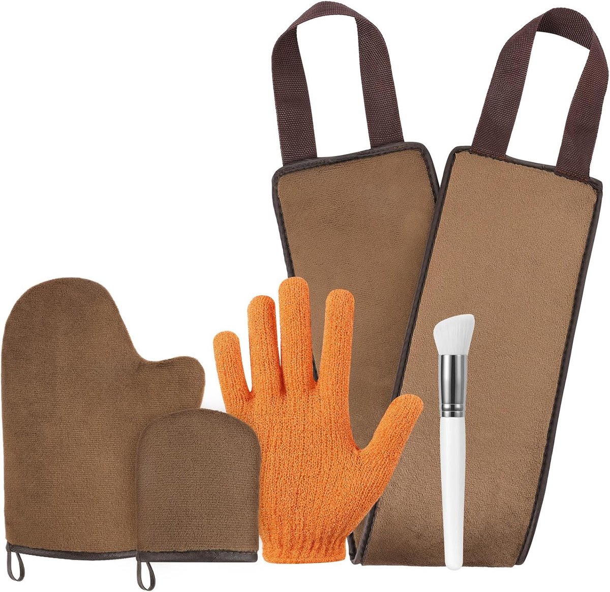 Applicatorset voor zelfbruinende handschoenen, 5-in-1 softtanner mitt-set met scrubhandschoen, applicator voor ruglotion, make-upborstel voor gezicht, zelfbruinende handschoen voor minivingergezicht voor lotions, mousses, crèmes