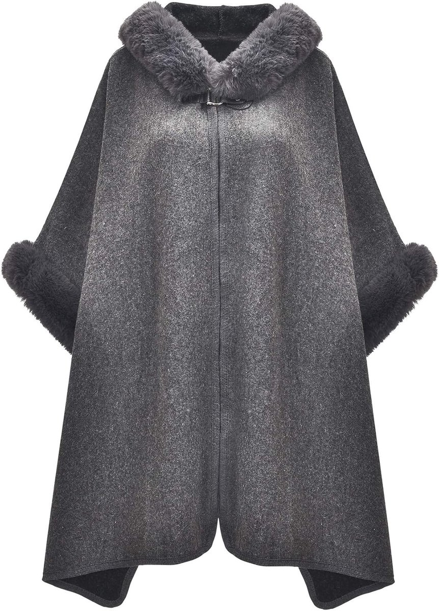 Dames wintercape, gebreide trui, warm, kunstbont, jassen, poncho, cape met capuchon, grijs, One size