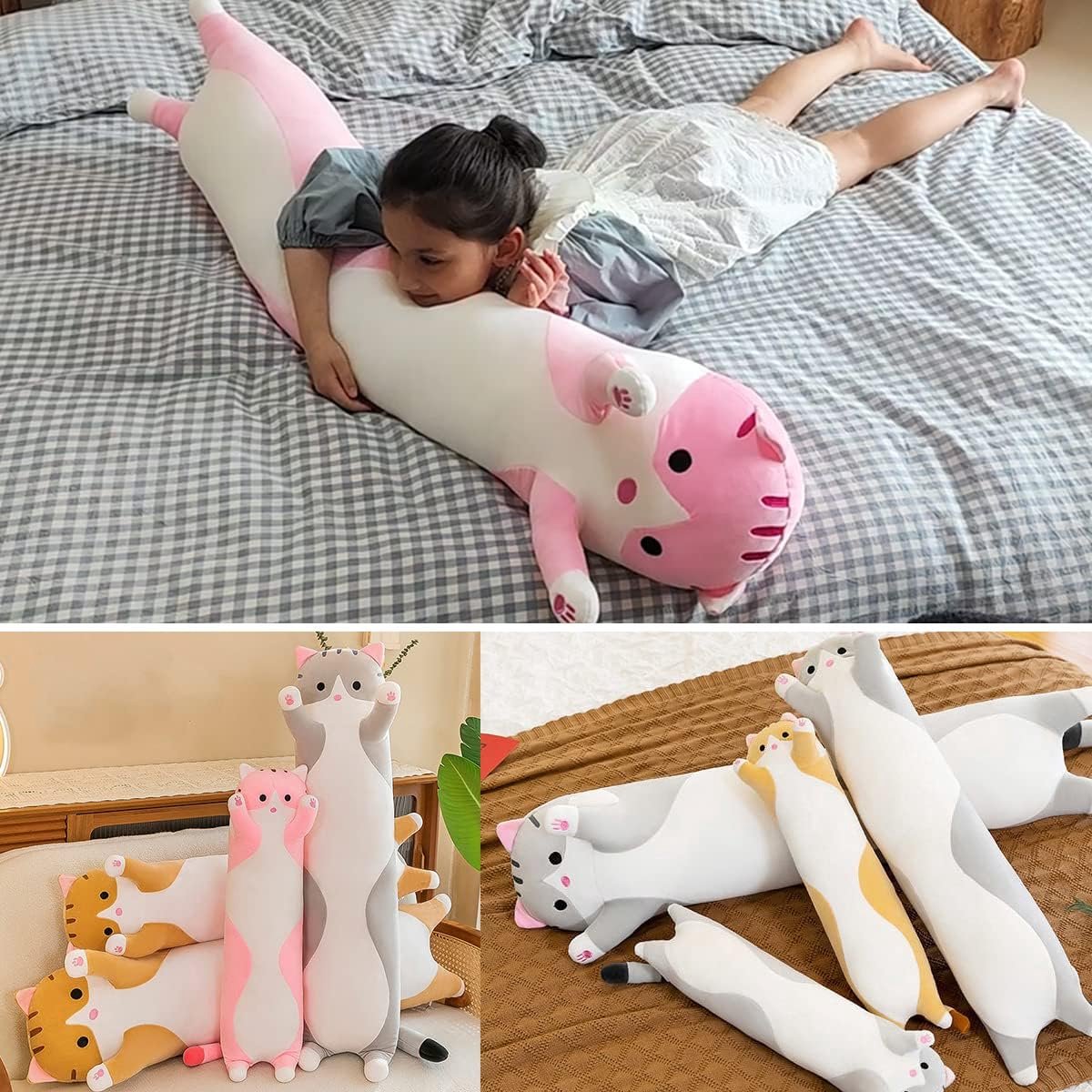 Pluche Kussen Kat - Extra Zachte Knuffelkat - 4 Kleuren & 6 Maten (50-150cm) - Ideaal Slaap- of Cadeaukussen voor Kinderen(Geel,110cm）
