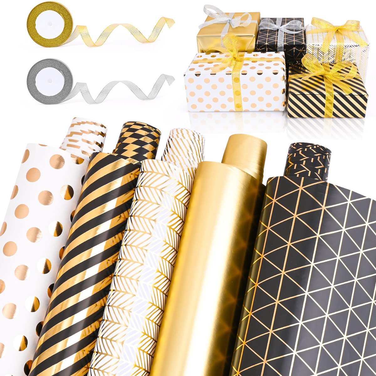 Cadeaupapier zwart goud, 5 rollen cadeaupapier cadeau (43 cm x 300 cm) met lint goud plakband voor groot festival, kinderverjaardag, bruiloft, babyfeest