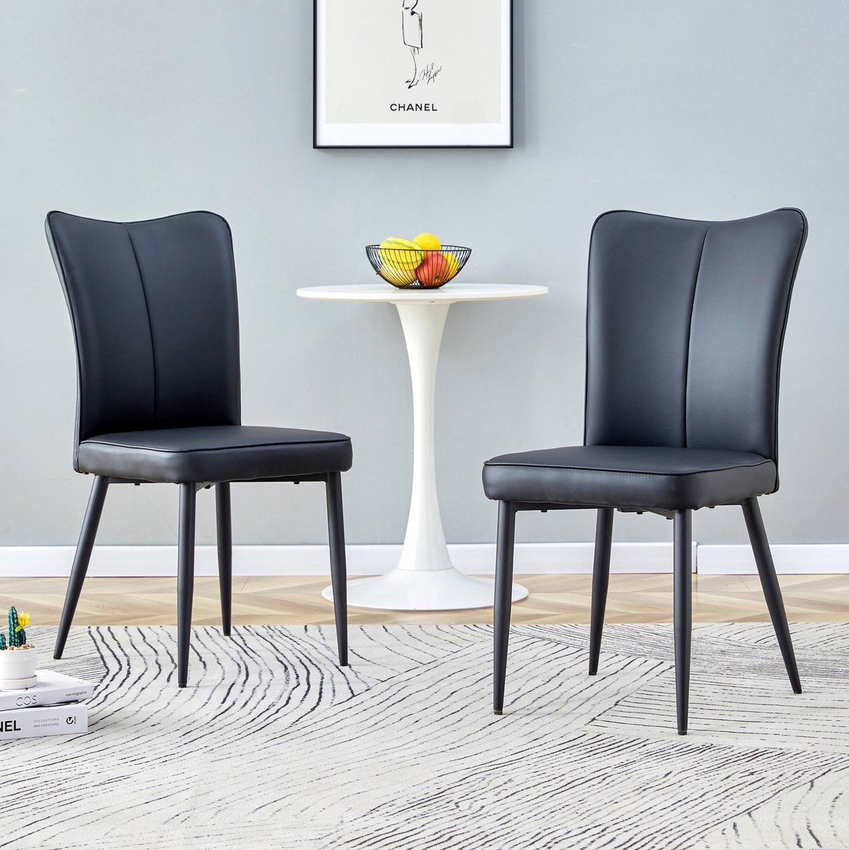 DESMIU Eetkamerstoel Set van 2 - Modern Design Met Ergonomische Rugleuning en Zachte Kunstleren Zitting - Voor Eetkamer en Kantoor - Metaal - Zwart