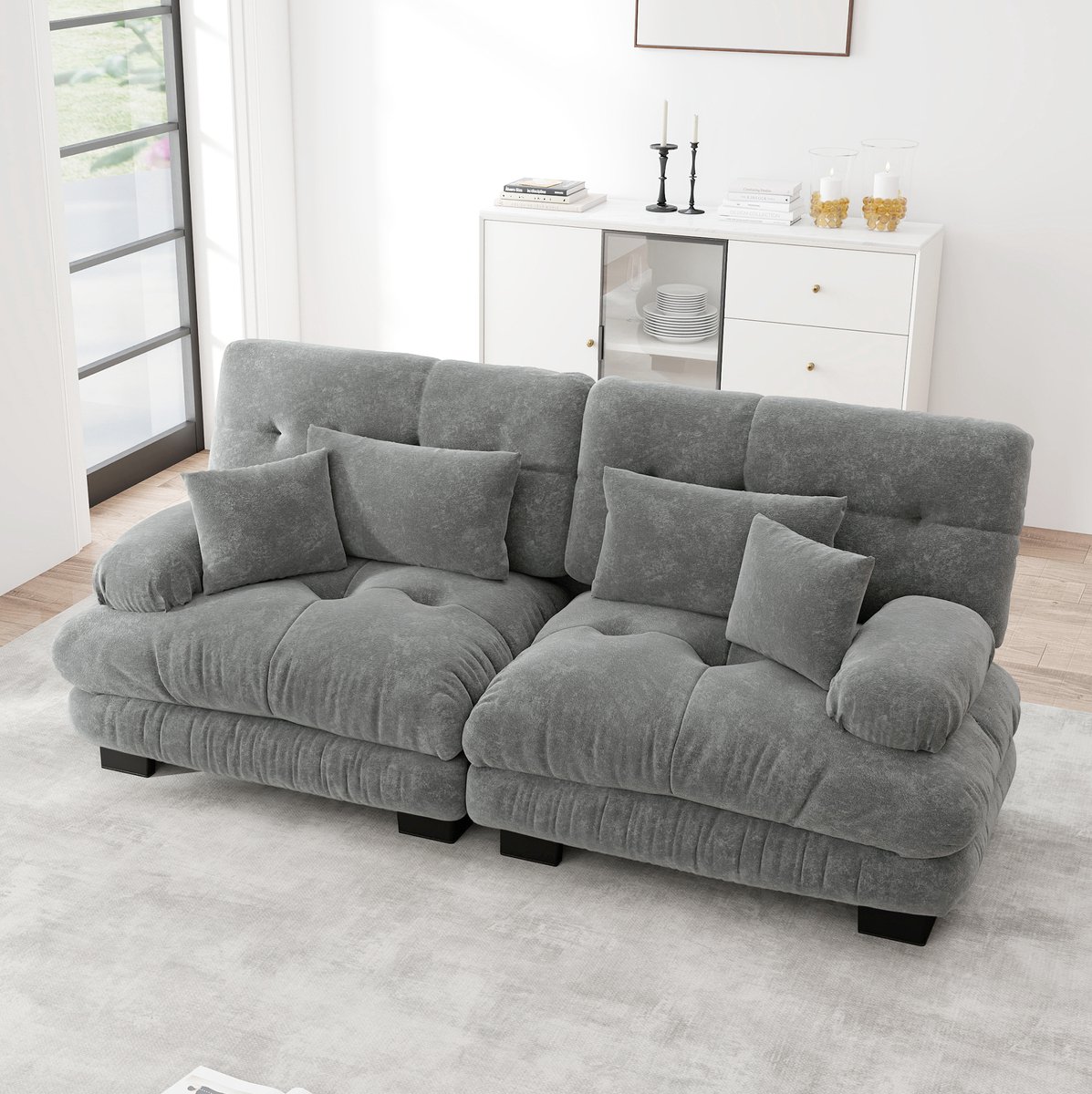 FloraGrace Hoekbank – 2-Zits Cloud Bank 220 x 77 x 81 cm – Met 2 Lendenkussens En 2 Sierkussens – Voor Woonkamer – Chenille – Grijs