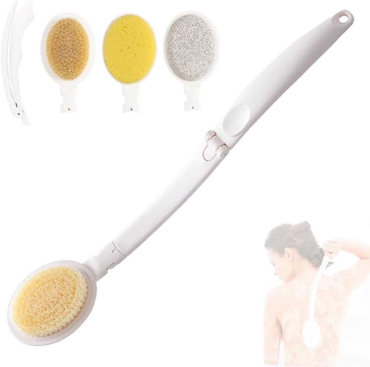 lichaamsborstel, 3-in-1 borstel met lange inklapbare handgreep, 3 verwisselbare koppen (spons, nylon, puimsteen) voor reiniging en peeling
