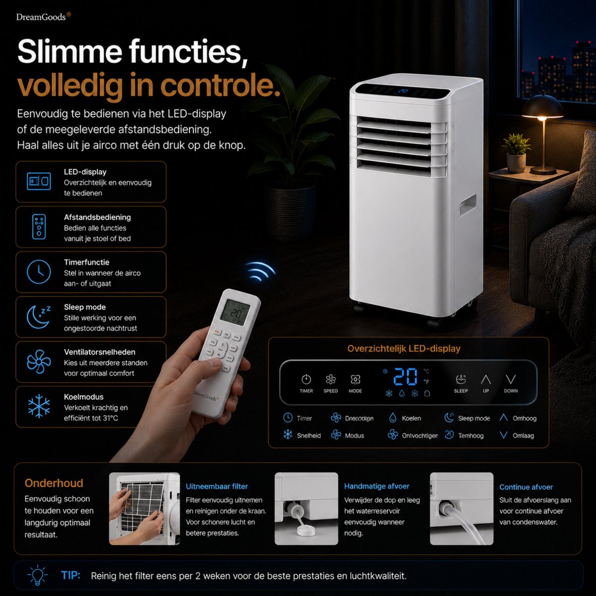 DreamGoods Mobiele Airco - 7000 BTU - 3-IN-1 Airconditioner met Afvoerslang - Verkoelen, Ventileren & Ontvochtigen - Complete Airco Set met Raamafdichtingskit thumbnail 7