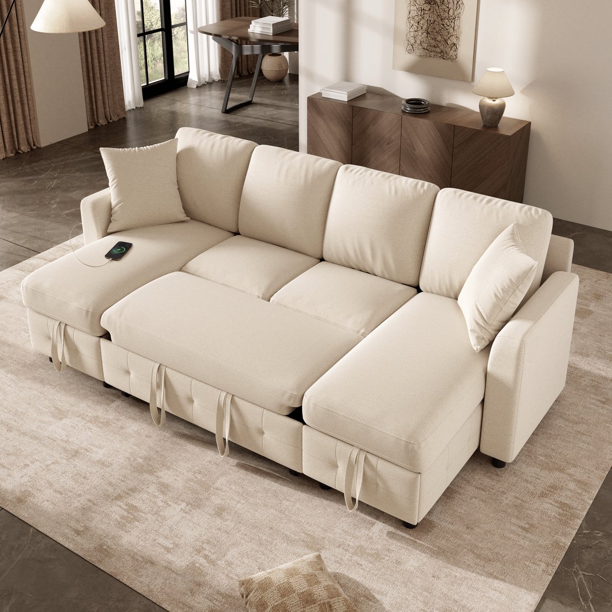 KOMHTOM Hoekbank U-vormige met Slaapfunctie - Chenille Stof - 2 Chaise Longues met Opbergruimte - Uitschuifbare Slaapbank met USB en Type-C - 2 Kussens - Beige - 260×128×82 cm - Moderne Woonkamer