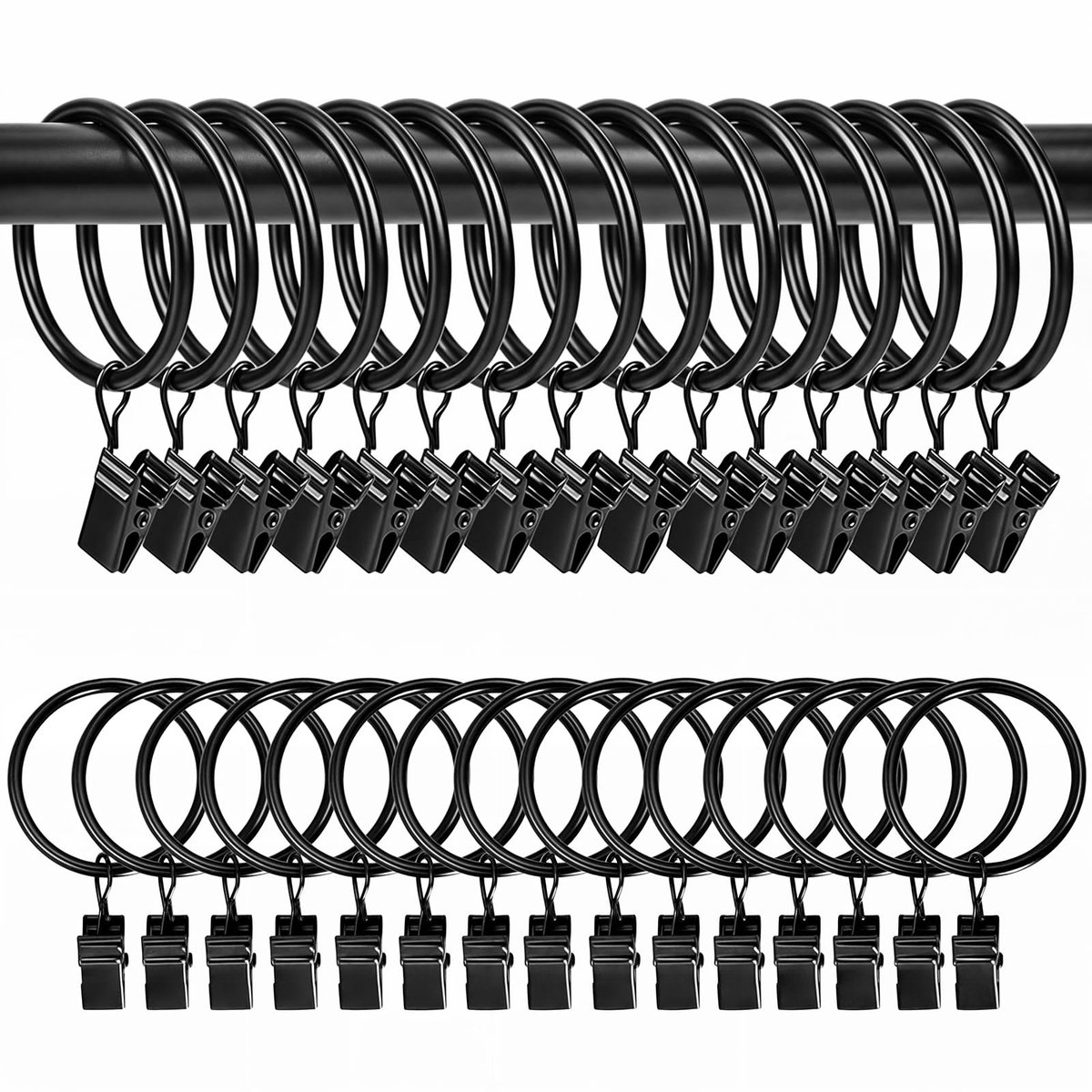 30 stuks gordijnringen van metaal, gordijnringen met haken voor gordijnroede, gordijnhaken clips voor douchegordijnen, 32 mm binnendiameter (zwart)