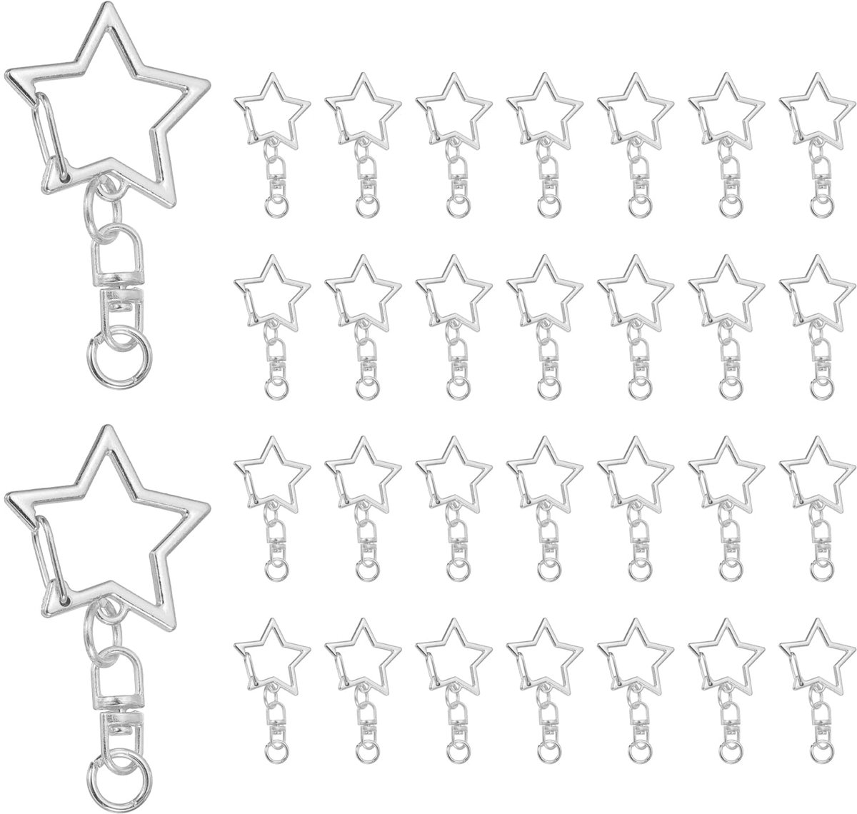 40 stuks metalen veersnapsleutelhangers, stervormige draaibare kliksluiting, sleutelringclips met kettingophanggesp en open springring, zilver