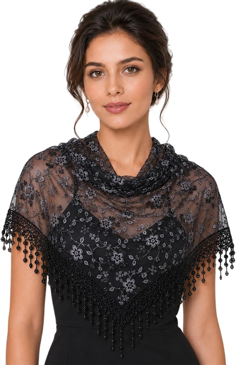 Mantilla Katholieke kanten sjaal voor dames, sluier, hoofddoek, stola, zwart, wit, voor kerk, massa, latin, kapel, bruid, rouw, De138001, 54 × 15.5 In