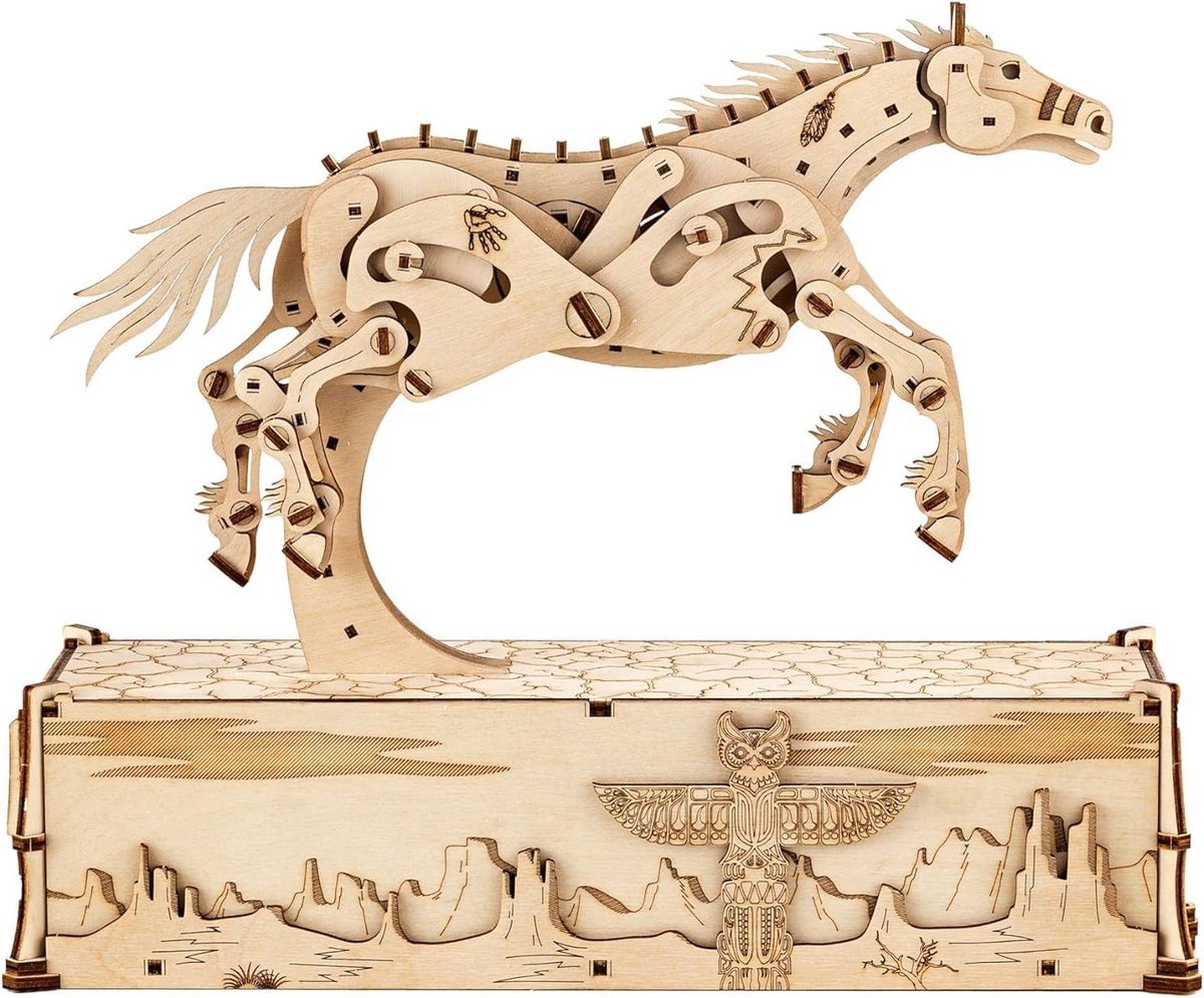 Houten Puzzel - Mechanisch Model - Bouwen en Ontdekken - Bewegend Paard - 628 Stukken - Natuurhout